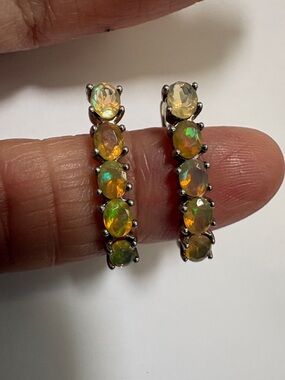 Ethiopian Opal Sterling Hoop Earrings - Iridescent Orange-Green Opal Set